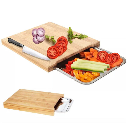 Bamboo Cutting Board & Stainless Steel Catch Tray